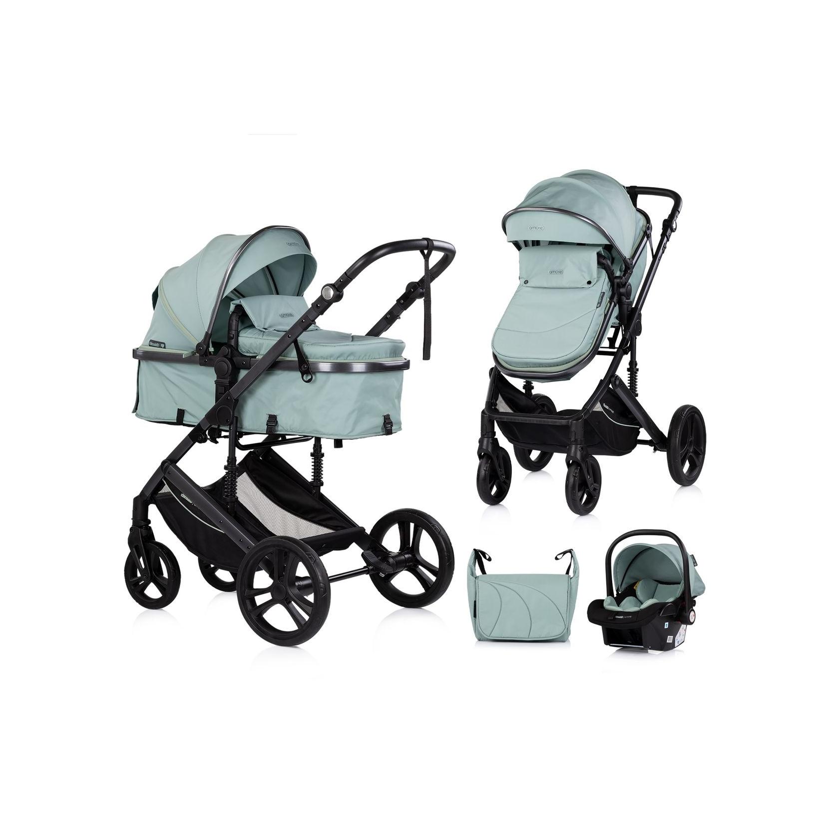 Chipolino Kinderwagen 3 in 1 Amore Babyschale Adapter Wickeltasche Fußabdeckung türkis
