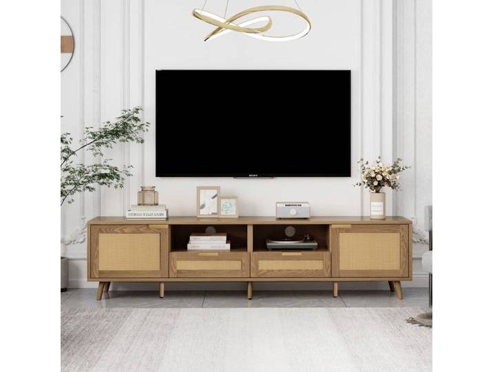Meuble TV rotin clair 200x37x49 cm avec plateau et pieds en bois massif design moderne salon