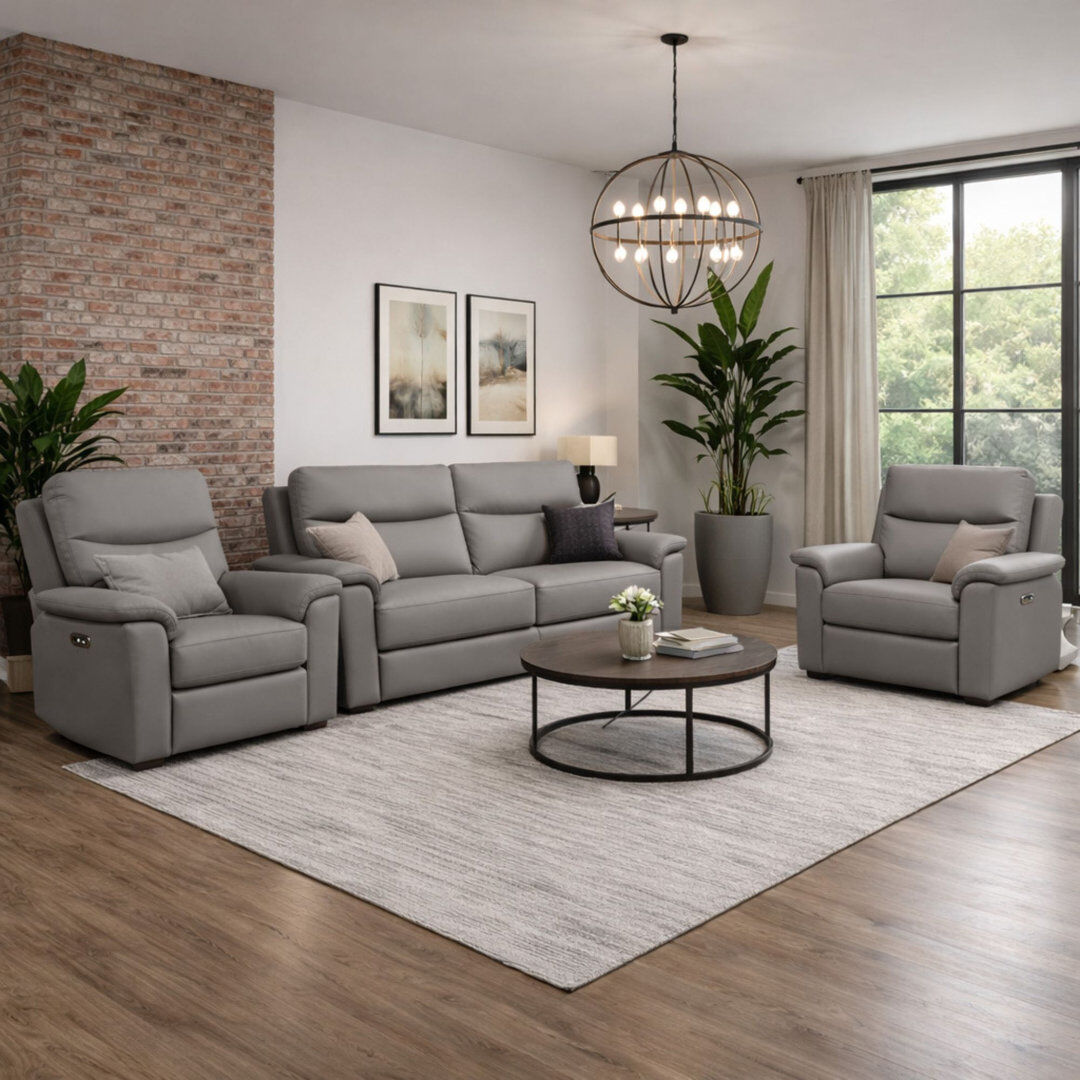 Fairmont Park Alessandrina Real Leather Power Recliner 3 + 1 + 1 Sofa Set with USB Charging Slate 3
