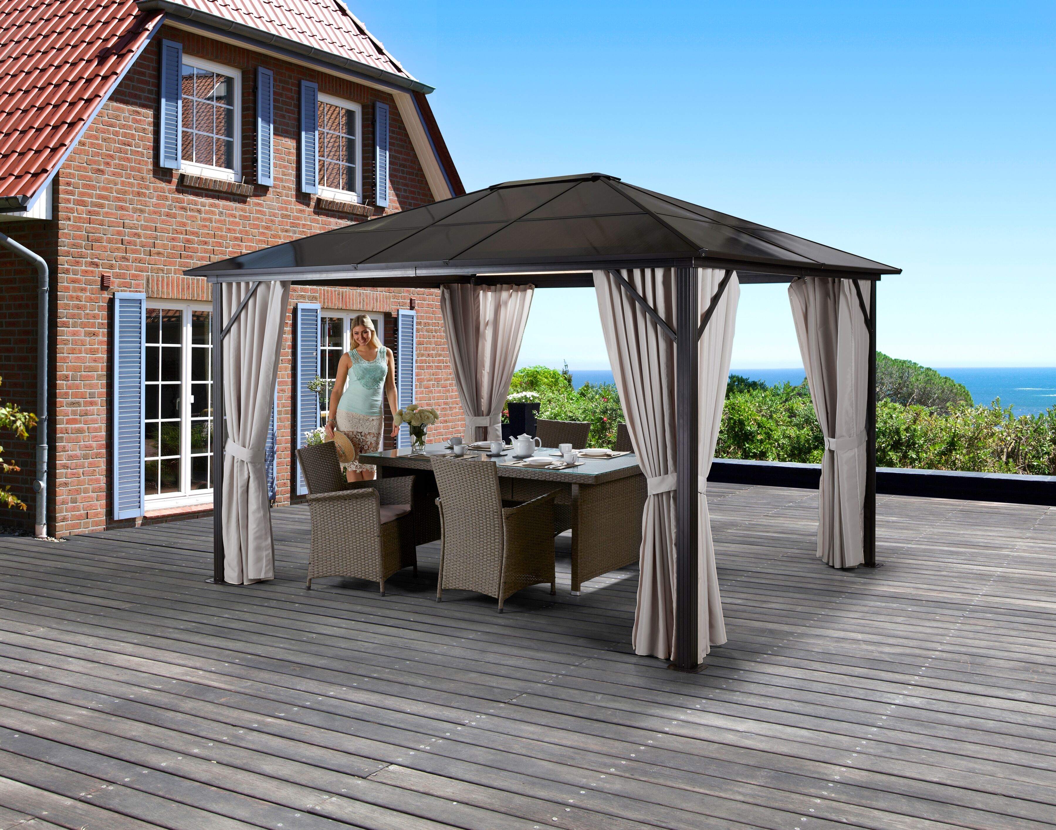 Pavillon KONIFERA "Aruba", beige (dunkelbraun, beige), B/H/T: 400cm x 260cm x 300cm, Pavillons, Pavillon, Gestell aus Aluminium, Dach aus Polycarbonat-Stegplatten