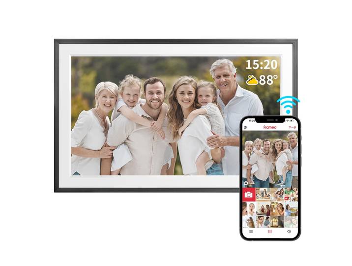 Cadre photo numérique Frameo 32 Go 15,6 pouces WiFi, grands cadres photo électroniques 1920 x 1080 IPS FHD écran tactile, envoyer des photos de Y