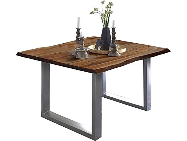 SAM Esstisch Mephisto 90x90 cm Akazie nussbaum U-Gestell Silber Baumkantentisch massiv, Akazienholz nussbaumfarben, 26 mm Tischplatte, Esszimmertisch, Holztisch