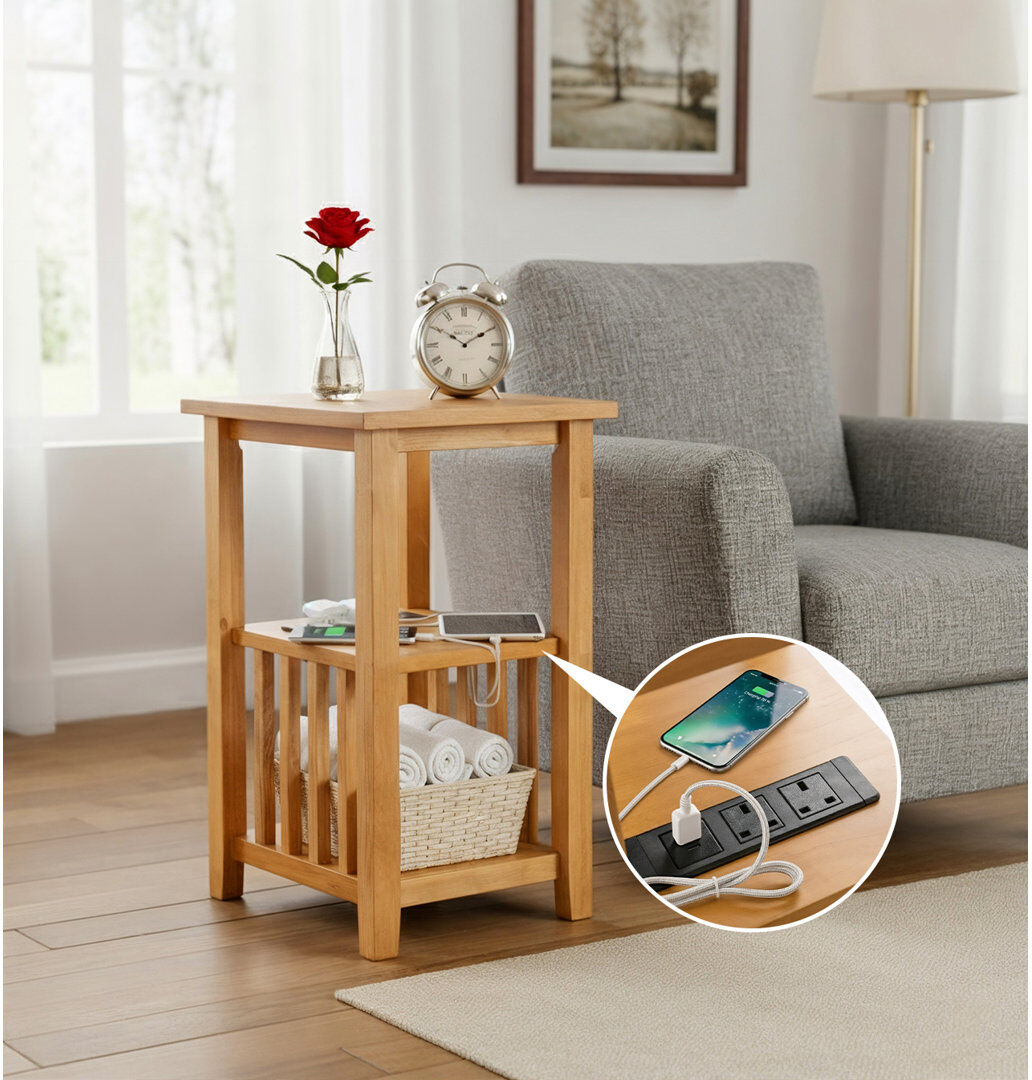 17 Stories End Table with Built-In Outlets Brown 60cm H X 40cm W X 35cm D