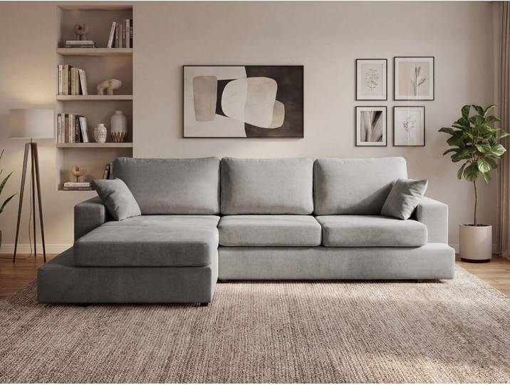 GrainGold Ecksofa L-Form Links Nesto - Moderne Chenille Ecksofa - 3-Sitzer Eckcouch, Wohnzimmer Ecksofa - Eckcouch Grau (Lumo 75)