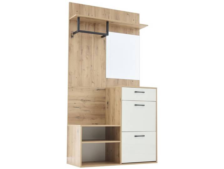 Meuble d'entrée miroir porte-manteau meuble à chaussures tiroir portes abattantes blanc bois naturel 100x38 5x190 cm ORVRYN