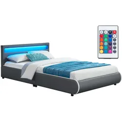 Juskys Polsterbett Sevilla 140x200 cm – Bett mit LED Beleuchtung & Lattenrost – Jugendbett grau