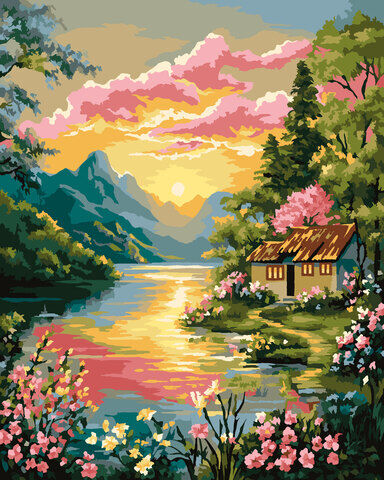 Malen nach Zahlen auf Keilrahmen "Abendrot am Waldsee", 40 x 50 cm