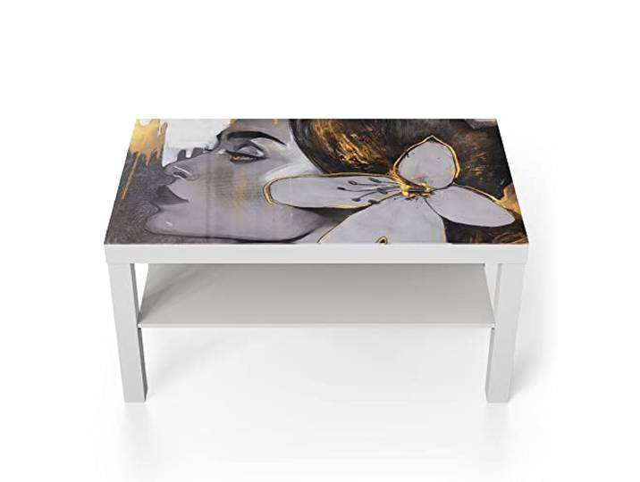 DEQORI Glastisch weiß groß 90x50 cm Motiv Frau mit Blüte im Haar ausgefallener Beistelltisch aus Glas Hochglanz Couchtisch fürs Wohnzimmer moderner Couch Tisch mit Design