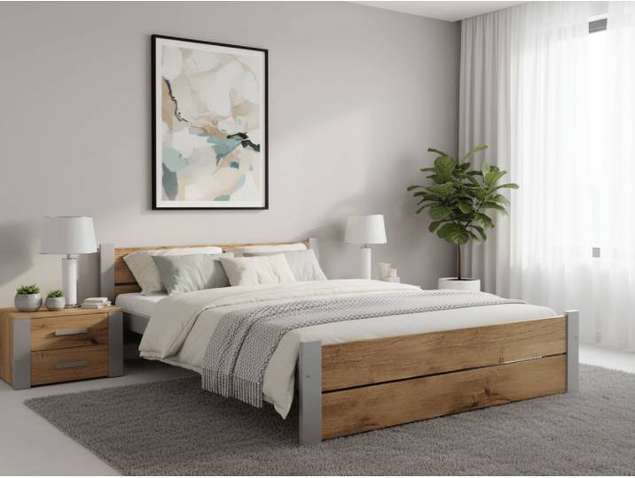 Bett IKAROS DOUBLE 180 x 200 cm, Eiche Artisan/Grau Matratze: Matratze Coco Maxi 20 cm, Lattenrost: Mit Lattenrost