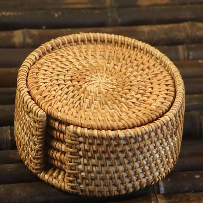 Combo Retail Shop Drink Coasters For Tea, Rattan Weave Tableware, Heat Insulation Mat Pad, Round Place Mat, Dish Mat For Cups suit 6pcs (8cm)