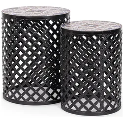 2er-Set Gartenbeistelltisch Mykonos - Metall & Keramik, Ø 30 / 35 cm