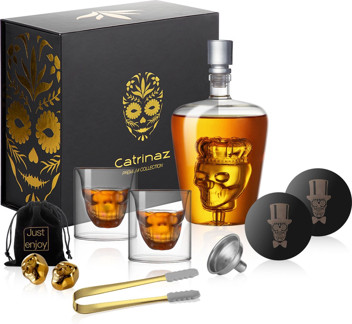 Catrinaz Luxe Whiskey Karaf Set met Skull Design, 2 Whiskey Glazen en 2 Gouden Whiskey Stenen, 1 L