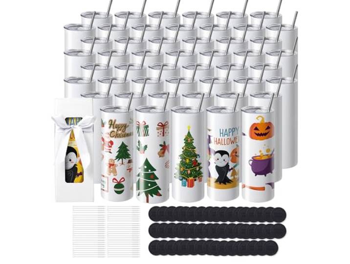 VEVOR 50er-Pack gerade Sublimationsbecher, 591,5 ml Blanko-Becher, Edelstahl-Doppelwandbecher mit Strohhalm, Deckel, Bürste, Boden, Schrumpffolie, Geschenkbox, für Wärmepresse & Wärmeübertragung