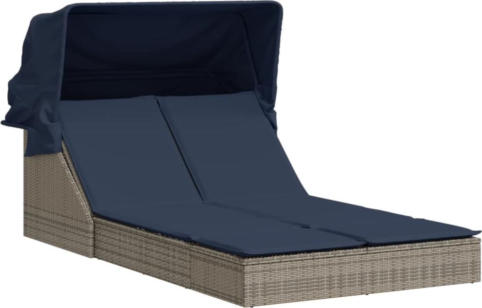 Doppelte Sonnenliege mit Baldachin und Kissen, grau, Polyrattan