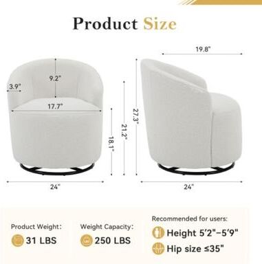 "GDFStudio - 25.6"" Fabric 360° Swivel Soft Pack Accent Barrel Armchair"