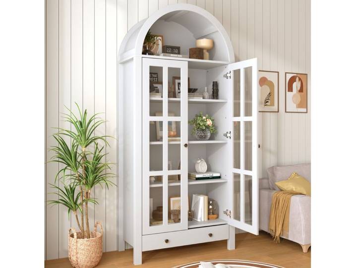 Modenuit Vitrine haute arquée 75x35x170 5 cm MDF blanc 1 tiroir portes en acrylique transparent