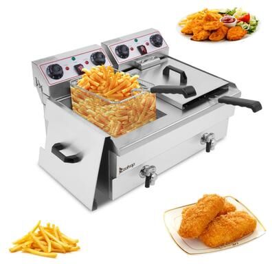 NO 24.9QT 3400W MAX Electric Deep Fryer Dual Tanks Stainless Steel w/ Timer and Drain French Fry