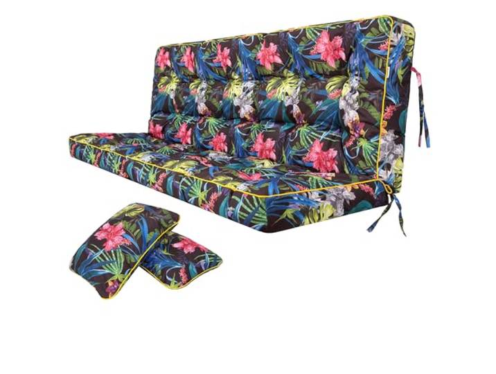 Bjird Bankauflage für Gartenbank, Polsterauflage für Hollywoodschaukel, Gartenschaukelkissen, Sitzkissen und Rückenkissen, gesteppt, inkl. 2 Seitenkissen, 150 x 49 x 56 cm - Blumen und Blätter