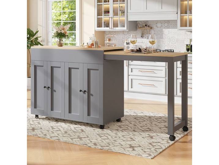 Table de bar à rallonge 118-180×50×94 cm table à manger à rallonge avec espace de rangement avec six étagères table haute gris