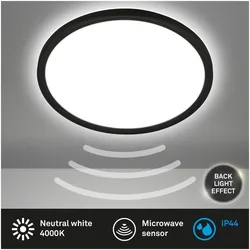Briloner, Deckenleuchte, Ultra flat LED Panel with backlight effect + Microwave, IP44, black (2400 lm)