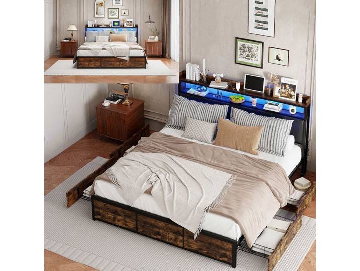 Lit 140x200 cm - LED - tissu en PU - cadre de lit adulte - lit adulte 140x200 cm - 140x200 cm - Noir