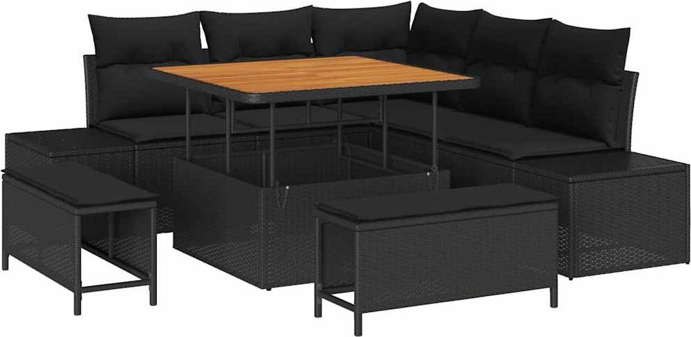 Gartenmöbel-Set, modulares Outdoor-Sofa-Set für 7 Personen, Poly-Rattan Schwarz, pulverbeschichteter Stahl, Akazienholz-Tisch höhenverstellbar, UV-...