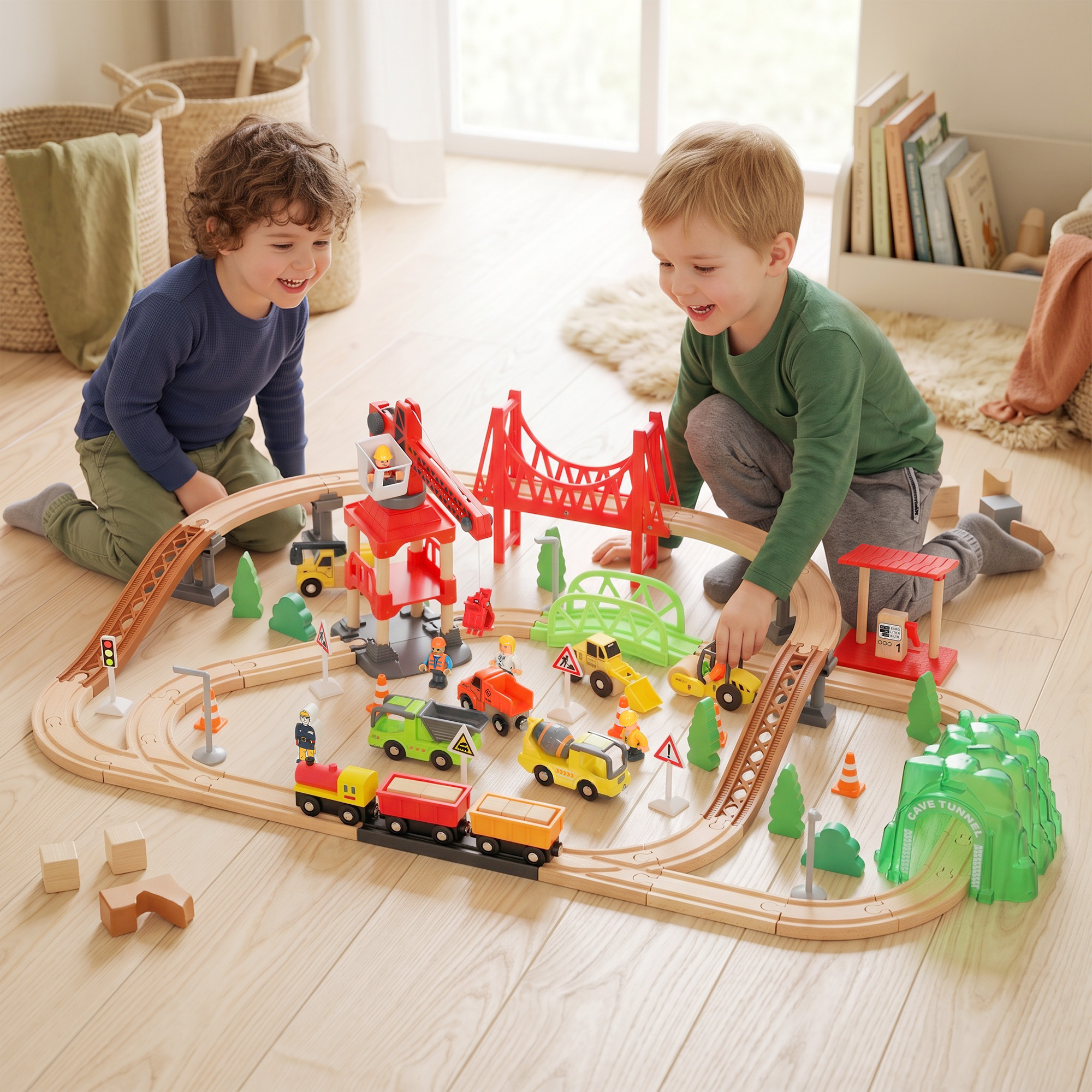 Aiyaplay Trenino Giocattolo per Bambini 3+ Anni, 91 Pezzi in Legno con Gru, Binari, Veicoli, Personaggi, Multicolore   Aosom Italy