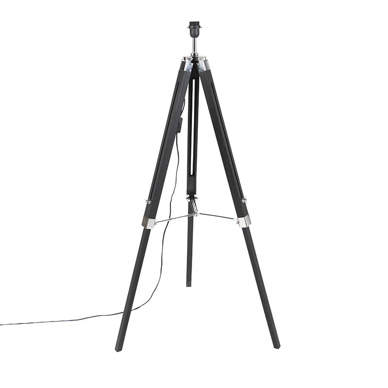 Qazqa Tripod vloerlamp zwart met houten accenten en hoogteverstelling