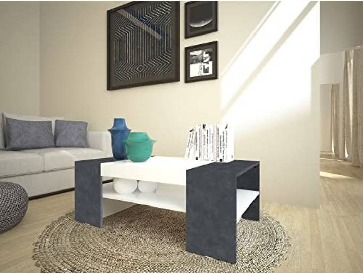 möbelando Couchtisch Kaffeetisch Sofatisch Beistelltisch Wohnzimmer Tisch Cesena I Weiß-Hochglanz/Schiefer