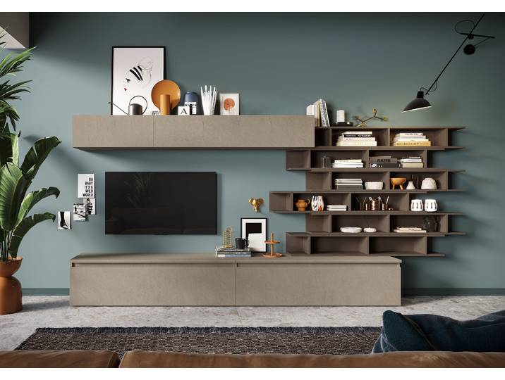 Wohnwand HOME AFFAIRE Infinity, 10tlg. Breite 345 cm, Höhe variabel, Schrankwand, Anbauwand , braun (lehmfarben (argilla), bronzo), B:345cm H:164cm T:40cm, Kastenmöbel-Sets, Wohnwand, (2x Lowboard, 2x Hängeschrank, 6x Wandregal)