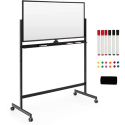 COSTWAY Mobiles Whiteboard 120x60cm Schwarz, zweiseitig magnetisch 360°‐drehbar, höhenverstellbar, trocken abwischbar, Rollen & Zubehör inkl.