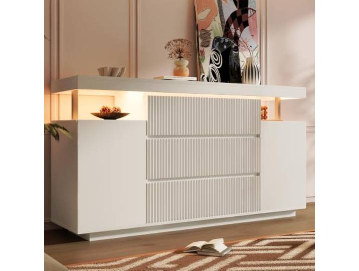 Merax Sideboard 150cm mit LED-Beleuchtung, Moderner Kommode Schubladenschrank mit 6 Schubladen und 2 Türen, verstellbare Ablagen, Aufbewahrungsschrank Anrichte für Schlafzimmer, Wohnzimmer, Flur, Weiß