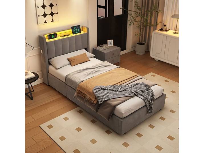 Lit rembourré gris 90x200 cm avec sommier design moderne