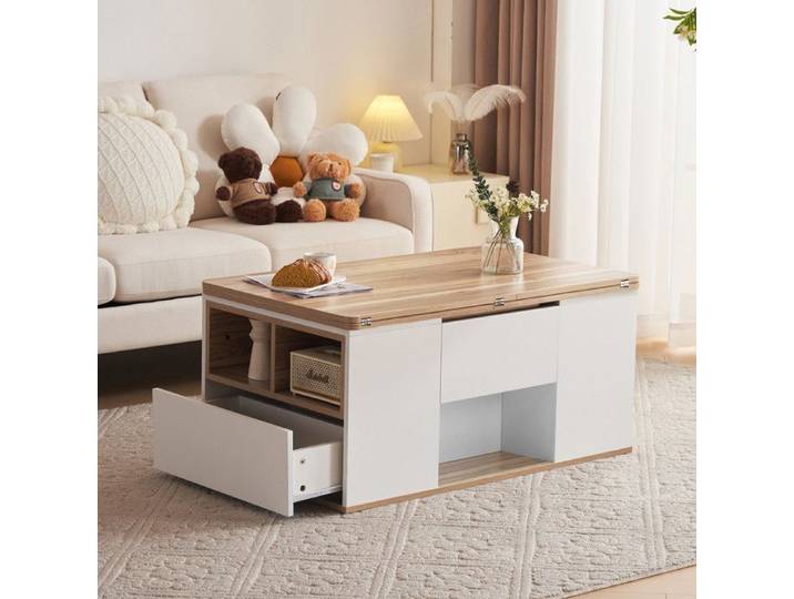 Table basse multifonction relevable s'ouvre sur 2 tables grande capacité meubles de salon modernes blanc + bois 100x51x47 cm