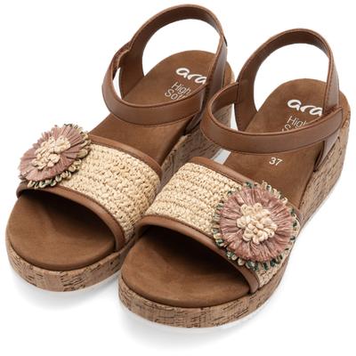 Keilsandalette ARA "RIMINI", Damen, Gr. 38, cognac, natur, Bast, Glattleder, Schuhe, Plateau, Riemchensandale, Sommerschuh mit schöner Blüte, G-Weite