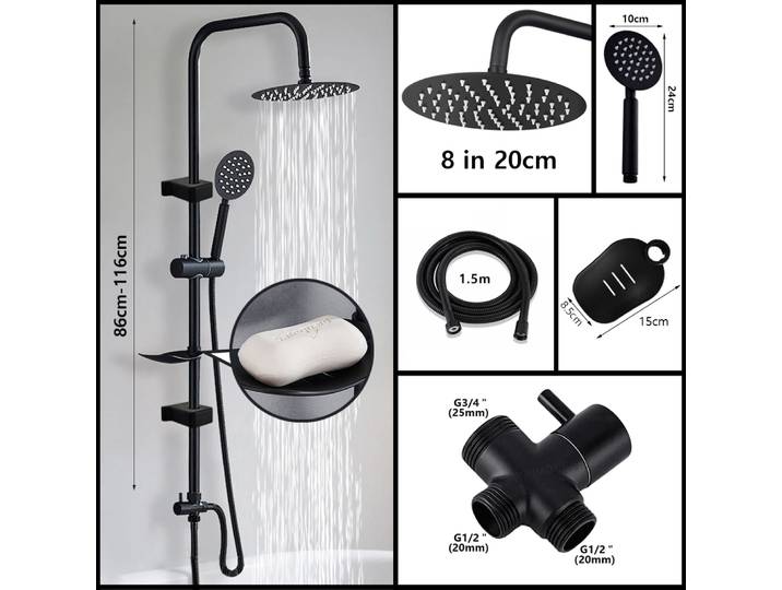 Colonne de douche ronde noire chromée pour salle de bain, système de douche premium en acier inoxydable, ensemble de robinetterie de douche de pluie pour baignoire et accessoires