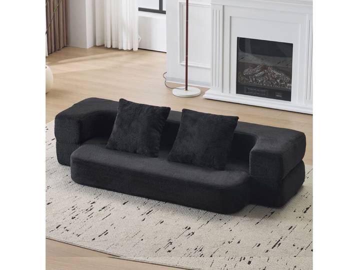 Canapé convertible 2 places noir canapé au sol pliable sans montage mousse mémoire haute densité 2 coussins
