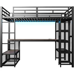MODFU Hochbett Metall/MDF Schwarz 208x148x170 cm, 140x200 cm Liegefläche, mit Schreibtisch, Kleiderschrank und LED
