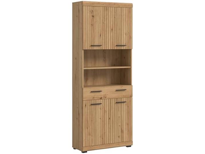 xonox.home – Hochschrank Scout 74x191x31 cm in Artisan & Schwarz – Großer Badezimmerschrank mit 4 Türen, 1 Schubkasten & 2 offenen Fächern – XXL Stauraum für Handtücher & Pflegeprodukte