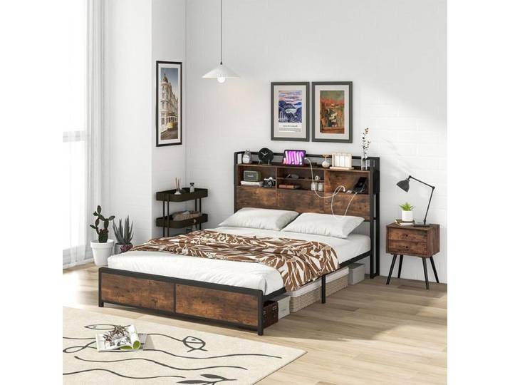 GIANTEX Cadre de Lit Double 160x200 cm Adulte-avec Station Recharge (2 Prises+2 USB) et Tête de Lit Bibliothèque Style Industriel