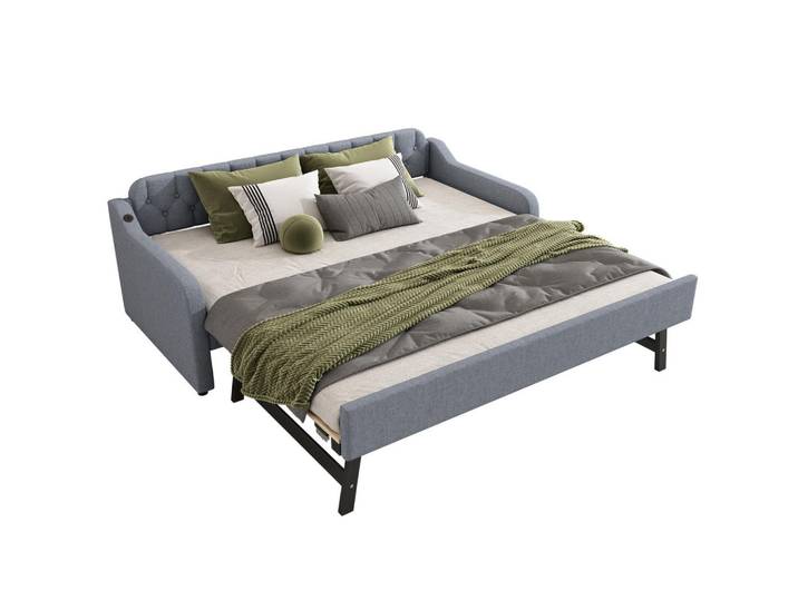 Modfu Polsterbett aus Leinen und MDF 90x200 cm Grau mit Ausziehbett und USB-Anschluss, platzsparendes Polsterbett, 90x200 cm, Schlafzimmer, Betten, Polsterbetten