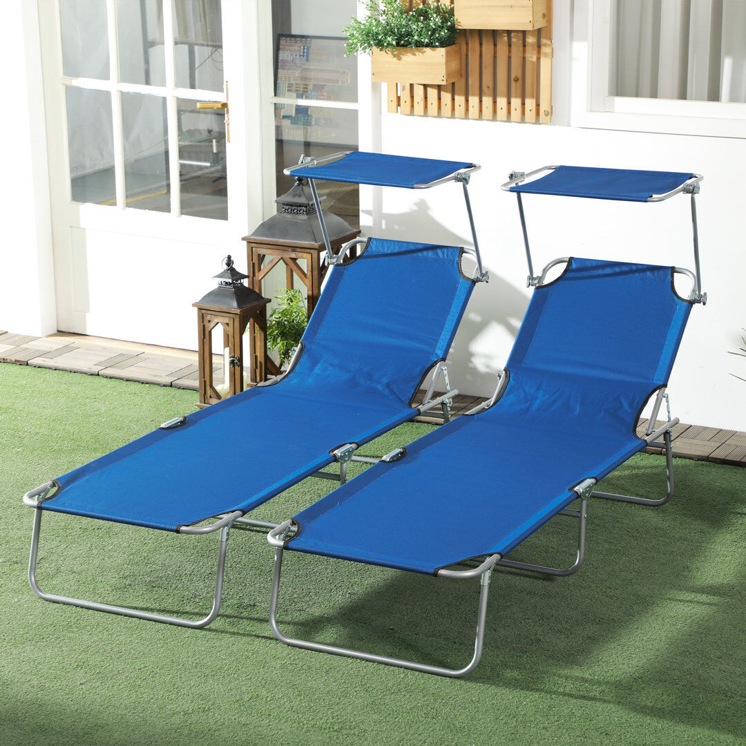 17 Stories Ouita Folding Sun Lounger Set of 2 with Canopy Blue 36cm H X 58cm W X 187cm L