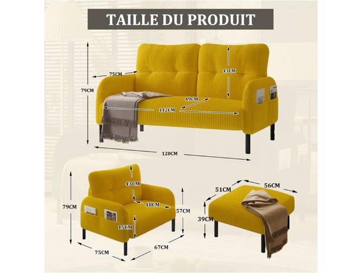 WOVREO Ensemble canapé 3 pièces velours côtelé jaune canapé 2 places fauteuil et pouf avec poche latérale