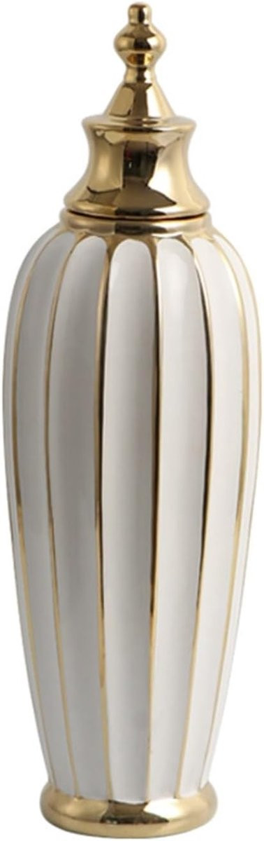 Witte keramische vaas met deksel en gouden rand, Hoogte: 30 cm