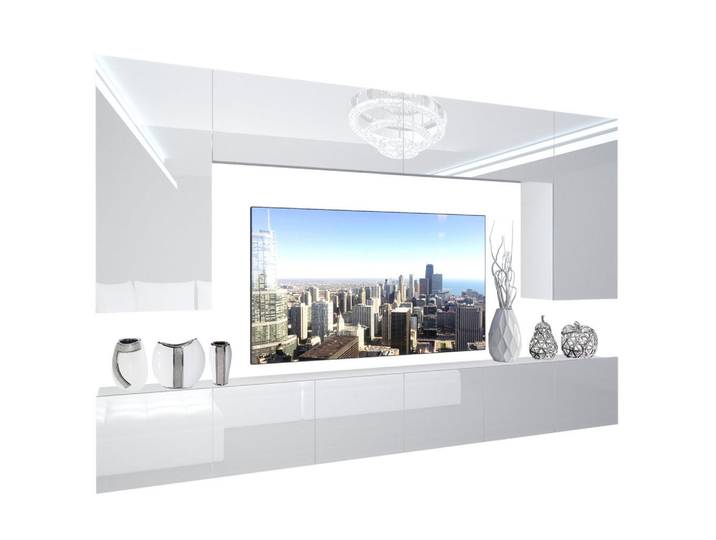 B Belini Group Wohnzimmerwand Schrankwand mit LED Weiß, Holz, 300x180x36 cm, Wohnzimmer, Wohnwände