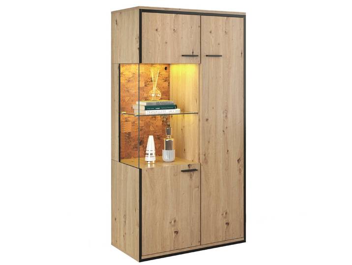 Merax Standvitrine mit LED-Beleuchtung und Glasablage, Buffet Vitrine mit vertstellbaren Einlegeböden,Anrichte mit 3 Türen,H:150cm