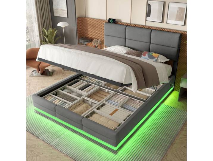 Lit capitonné - SOGEU - 160x200 - Tête de lit réglable - Coffre de rangement XXL - LED intégrée & ports USB