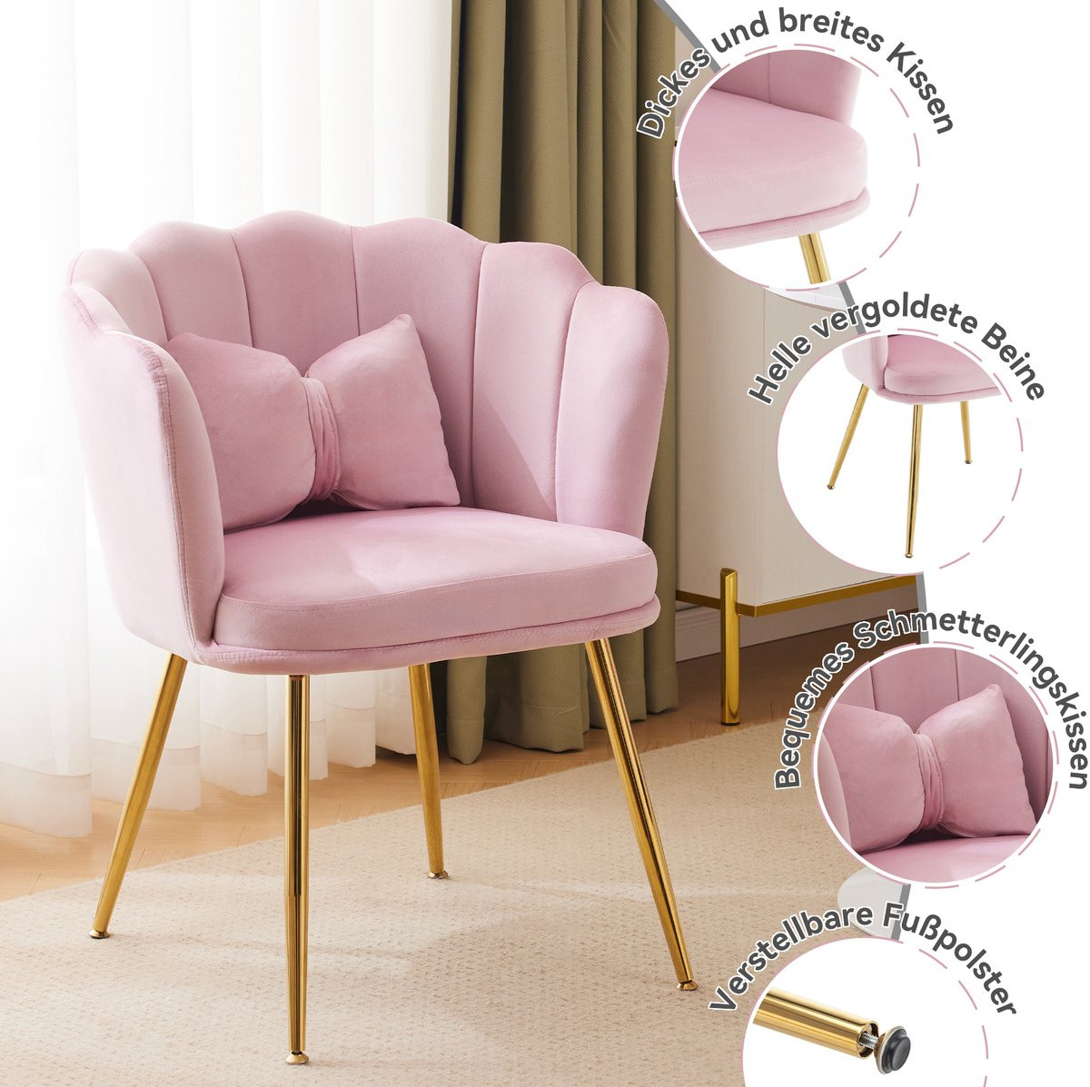 Hauss Spole Set van 6 Moderne Fluwelen Eetkamerstoelen met Armleuningen en Gouden Metalen Poten - Pink