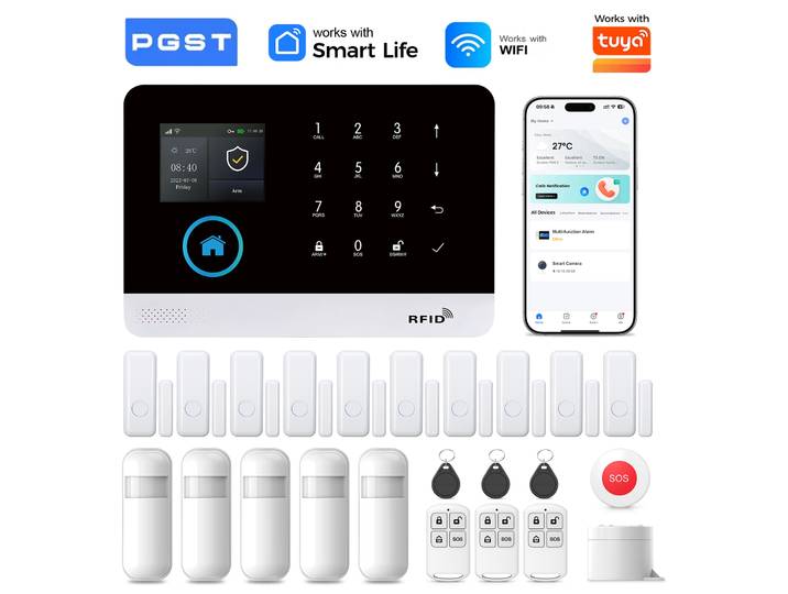 Système d'alarme PGST pour la maison, alarme de sécurité WIFI, antivol avec capteur de mouvement de porte, compatible avec Tuya et Alexa.