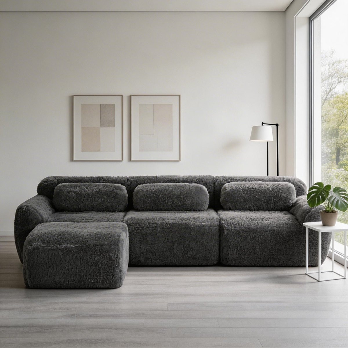 Komhtom L-vormige modulaire bank van pluche stof met kussens, grijs